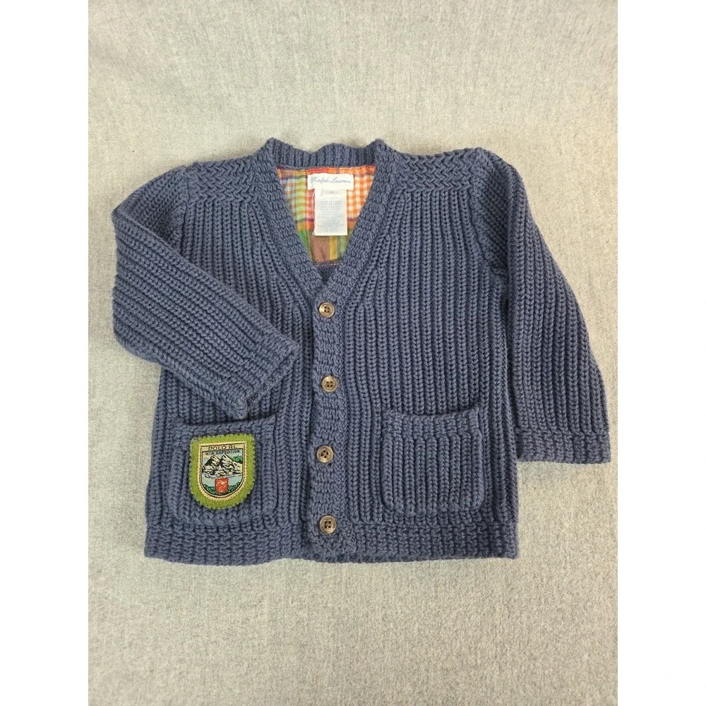 Ralph Lauren Baby Cardigan Sweater 9 Months Blue Cable Knit Expedition Patch Y2K